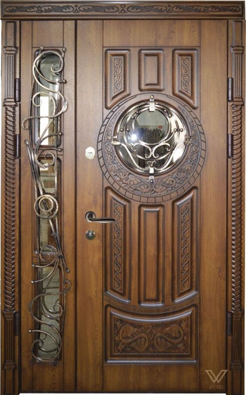 Двері вхідні двополі, з ковкою та склопакетом