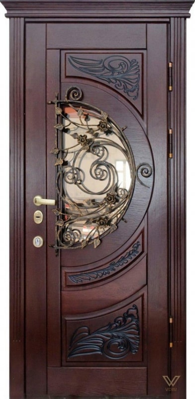 Двери входные однополые, с ковкой и стеклопакетом