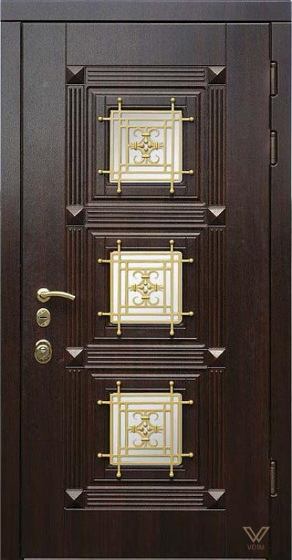 Двери входные однополые, с ковкой и стеклопакетом